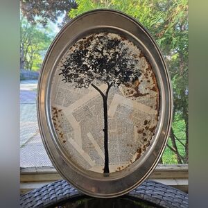 OOAK Repurposed Upcycled Art Tree Silhouette on Book Pages Silver Plated Platter